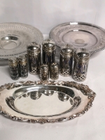 Vintage Silver Plate lot with Colbalt Blue Salt & Pepper Shakers