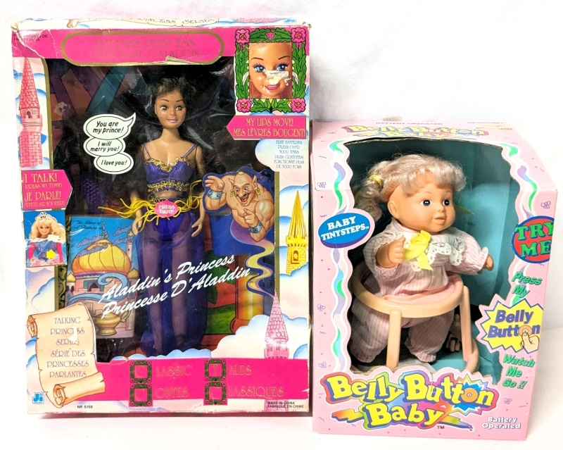 2 Vintage Toy Dolls | Classic Talking Aladdin's Princess with Moving Lips (11") & Baby Tinysteps' Belly Button Baby (8.25")