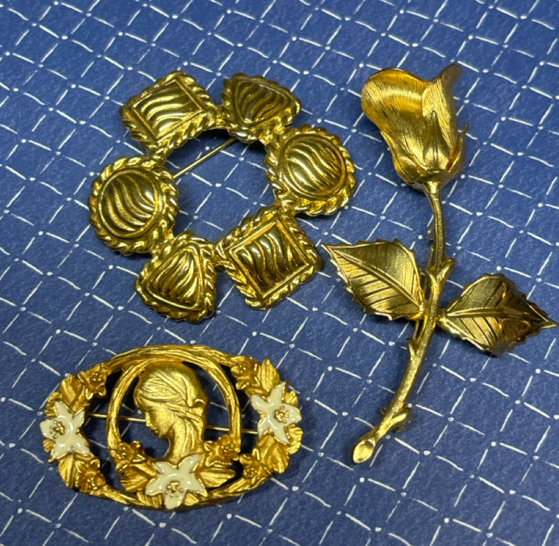 3 Gold Tone Brooches AK signed & Enamel & Large Carved Rose