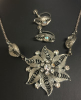 Vintage Silver tone Filigree Rhinestone Necklace & Earrings