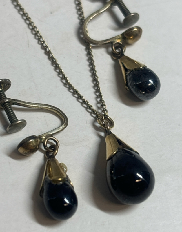 Vintage Black Onyx Teardrop Necklace & Earrings GF & Rainbow Sterling