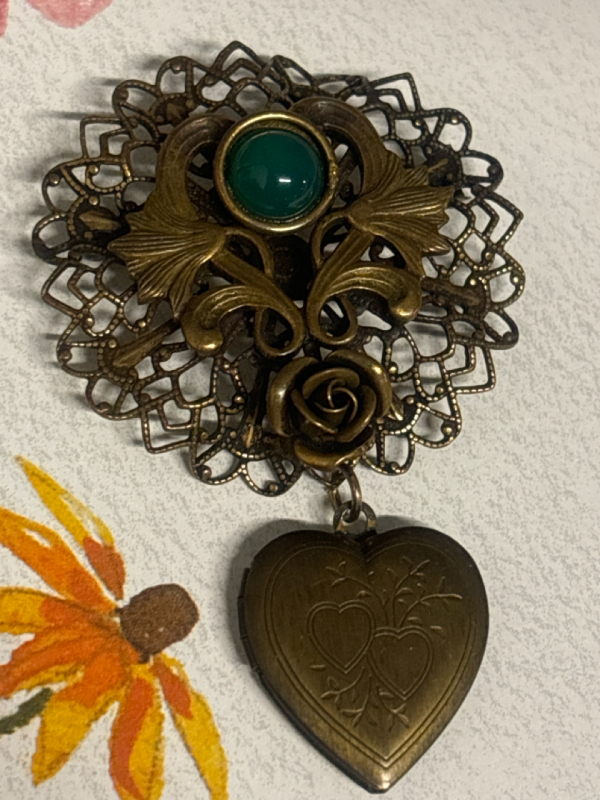 Vintage Filigree Brooch Green Stone Dangle Heart Locket