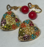 Vintage Signed Buried Treasure Heart Earrings 22K Plated & Studs