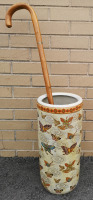 Vintage Ceramic Cane Holder & Wooden Cane