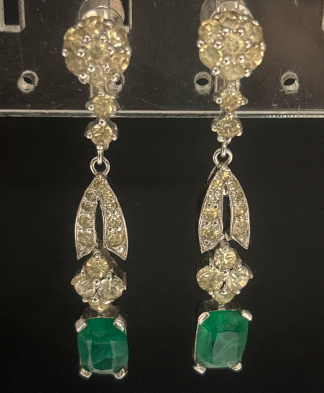 Signed Jomaz Emerald Austrian Rhinestone & clear Drop Earrings