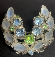 Exquisite Vintage Blue Frosted Navettes Blue & Green Rhinestone Brooch Glows