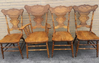 4 Vintage Pressback Wooden Chairs - Queen Victoria Carved on Backs