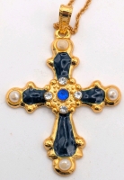 Very Pretty Ornate Cross Necklace with Deep Blue Enamel, Faux Pearls & Clear Stones | 1.5" x 2" on 16" Chain with 3" Extension