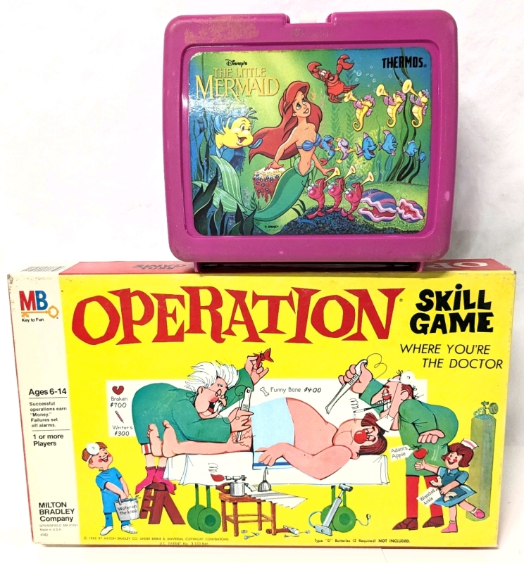 Vintage 1965 Operation Skill Game & Vintage 90's Disney's The Little Mermaid Plastic Thermos-Brand Lunch Box