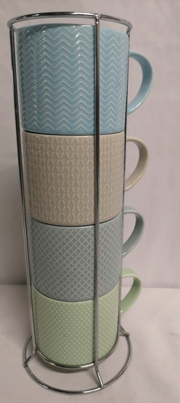 4 Pastel Mugs in Mug Holder - 14" Tall