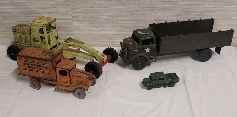 Vintage Tin Trucks & Military Vehicles . Marx Military Truck , Dinky Military Truck , Toy Town Grocery Truck , Lime Green