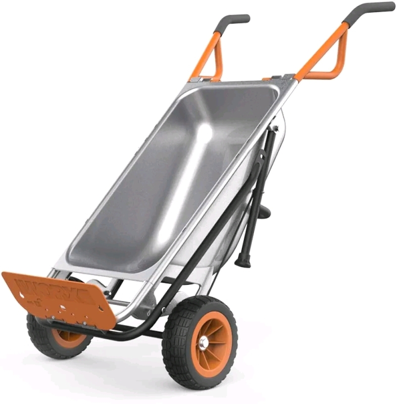 New , Open Box - WORX WG050 Aerocart Multifunction 2-Wheeled Yard Cart, Dolly, and Wheelbarrow with Flat Free Tires – Orange, Black, Silver 18"×12"×42"