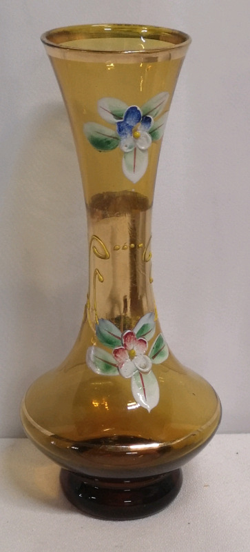 Amber Glass Vase with Painted Flowers - 7" tall