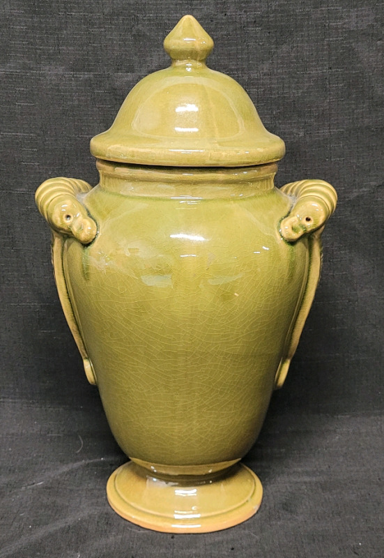 Home Decor Ceramic Urn with Lid . Measures 17" tall . Crazing Present