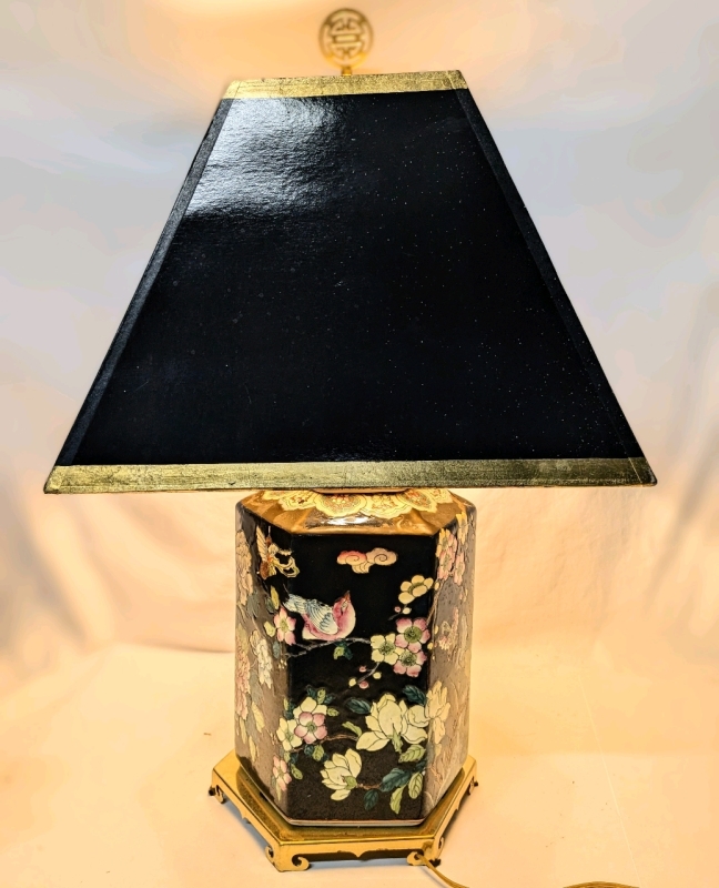 Large Vintage Asian Table Lamp w Handpainted Ceramic Middle & Lacquered Solid Brass Base | 26" Tall