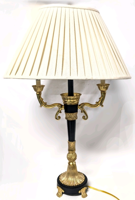 Vintage Triple-Light Footed Table Lamp with Gold Gilt Pineapple & Artichoke Details | 33" Tall x 21" Wide