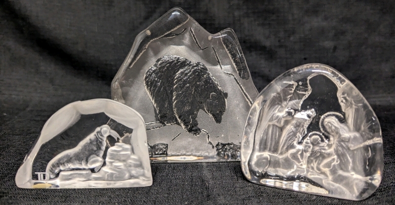 3 Etched Glass Paperweights. Tallest is 4" Tall