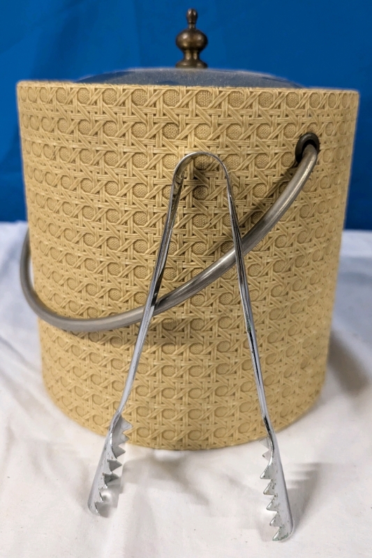 Vintage Cane Textured Ice Bucket with Tongs. 8" Tall.