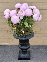 Large Plastic Planter Urn with Faux Peony Flowers . Measures 41" tall