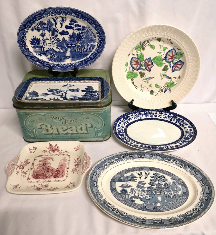 6 Vintage Platters + Bread Box - Royal DOULTON, Myott, Japan, Mason's & Cauldon