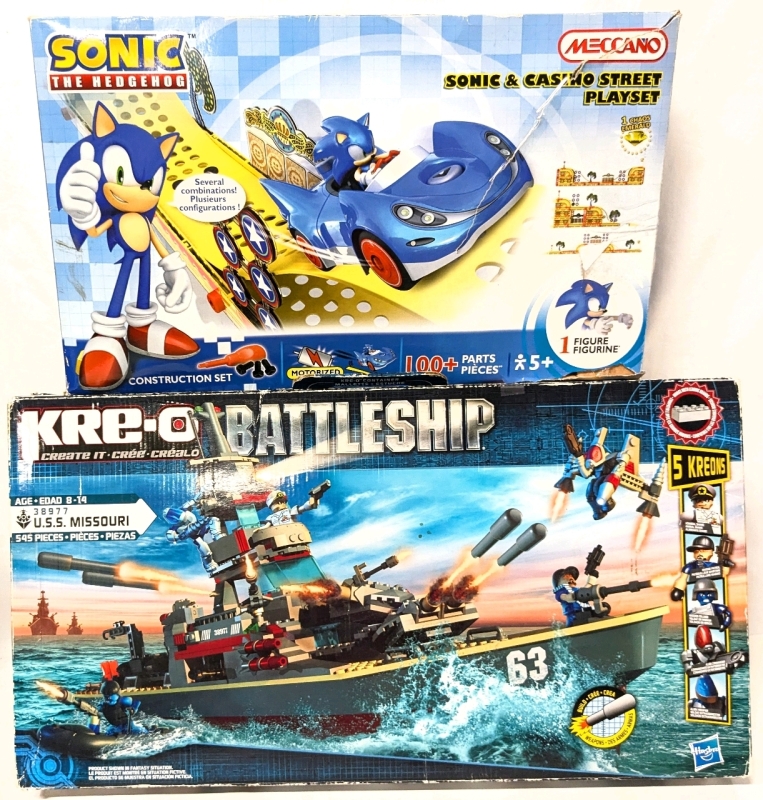 Mecanno Sonic the Hedgehog & Casino Street Construction Playset & Kre-O Create It U.S.S. Missouri Battleship #38977