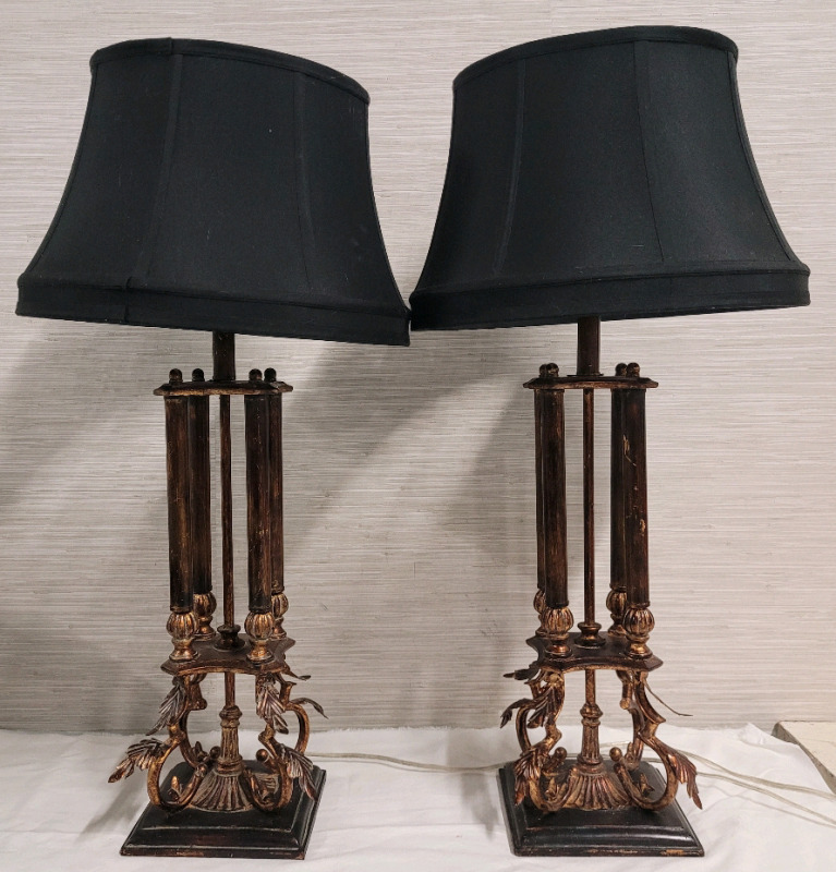 2 Modern Home Decor Four Pillar Table Lamps with Black Shades. Measures 33" tall each .