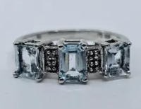 Aquamarine & Diamond Sterling Silver Ring Size 6