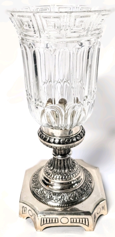 Vintage Unsigned Czech Crystal Candle Holder with Heavy Silver Tone Metal Base | 14.5" Tall x 6.15" Top Diameter