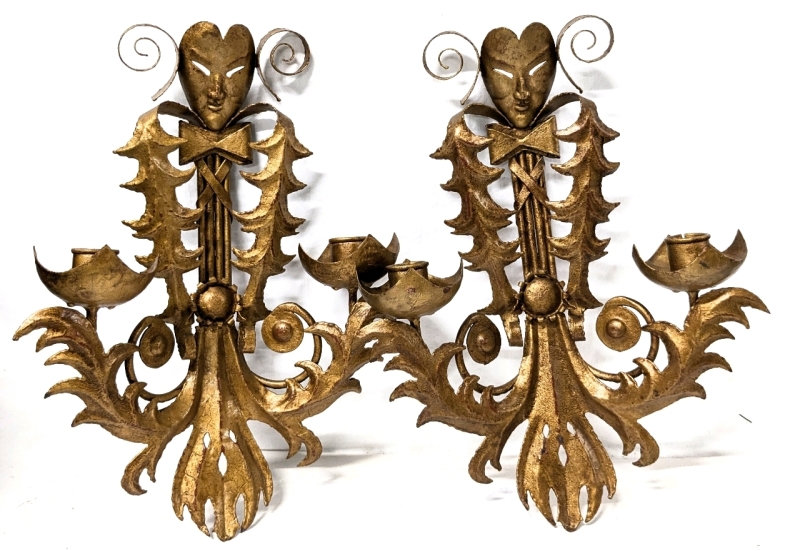 Pair of Vintage Gilt "Tôle Peinte" Venice Carnival-Themed Wall Sconces, France | 19.5" Tall ea | Retails for $5,000+!