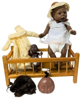 2 Vintage Dolls with Wooden Crib, 1982 Regal Dress, Doll (or Cat)-Sized Wig & Signed Ceramic Cabbage Patch Kids-Style Head