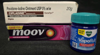 Assorted Health Care Lot; Includes Vicks Vapo Rub, Cipladine Povidone-lodine Ointment USP 5% w/w, & Moov Pain Relief Ointment