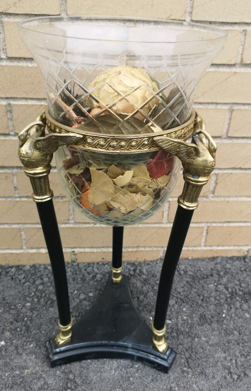 Vintage Neo-Classical Trifed Marble & Brass Base Hurricane Swan Lamp / Potpourri Holder - 20" Tall