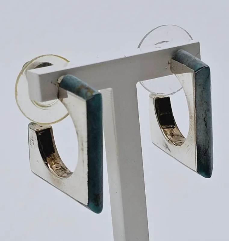 Modernist Sterling Silver Square<br/>Shaped Turquoise Earrings