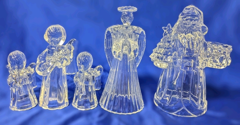 5 Hollow Glass Candle Holders : 4 Angels, 1 Santa Claus | 4" - 7.25" Tall