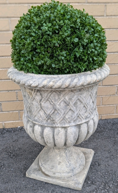 Vintage 19" tall "Take it for Granite" Fiberglass Planter with 11" Round Artificial Topiary