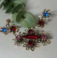 Made in Austria Ruby & Pink Marquise & Chaton Crystals Brooch & Vintage Earrings