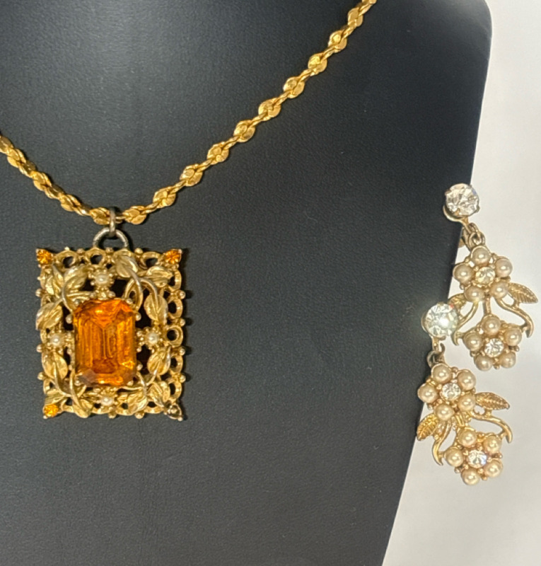 Vintage Signed CORO Topaz Rhinestone Large Pendant Necklace & Earrings