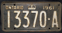 Vintage 1961 Ontario License Plate | # 13370&bull;A ( 12" x 6" )