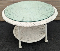 Glass Topped White Wicker Patio Table. 40.5" Across, 18" Tall.