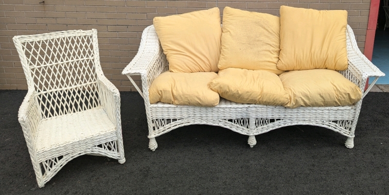 White Wicker Couch and Chair. Couch is 76" Wide, 33" Tall and 34" Deep.