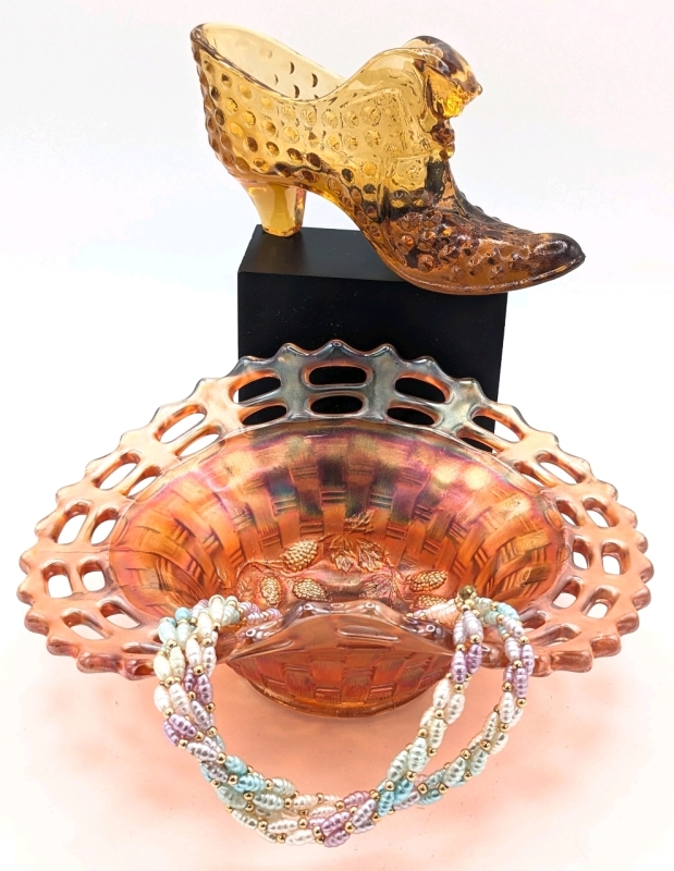 Signed Vintage FENTON Hobnail Puss in Boots Amber Glass Shoe, Iridescent Carnival Glass Basket Dish & Dyed Freshwater Pearl-Style Necklace with Gold Tone Barrel Clasp