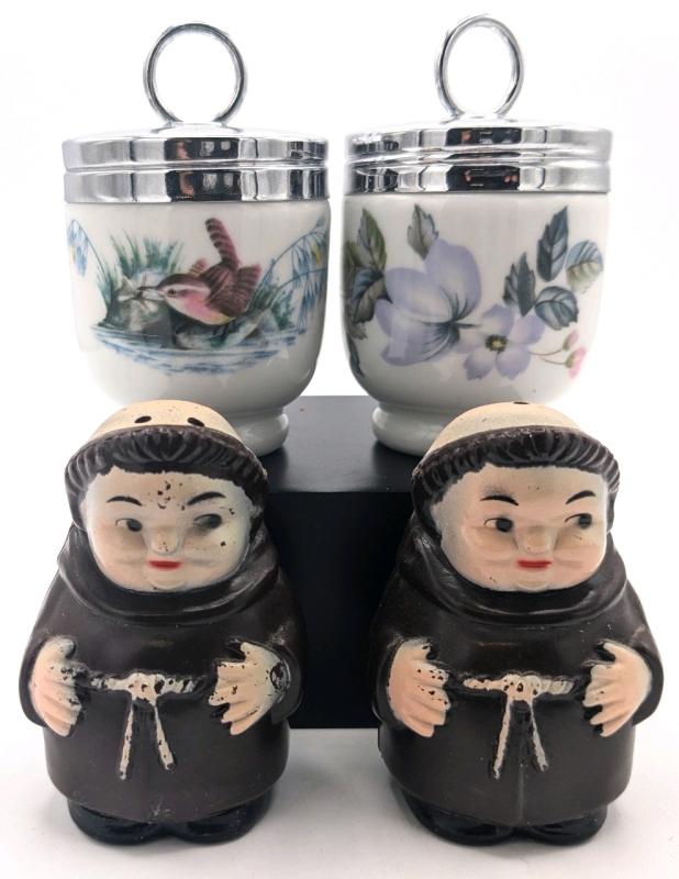 Pair of Vintage Royal Worcester Porcelain Egg Coddlers & Plastic Friar / Monk Salt & Pepper Shakers | 3" - 3.5"