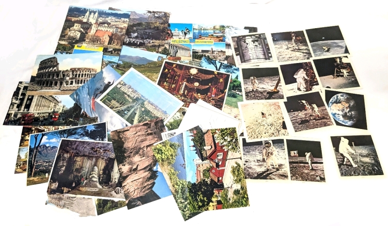 50 Vintage World Postcards (Some Stamped & Mailed) & 12 Vintage 3.5* x 3.5" Photo Prints of the Moon Landing