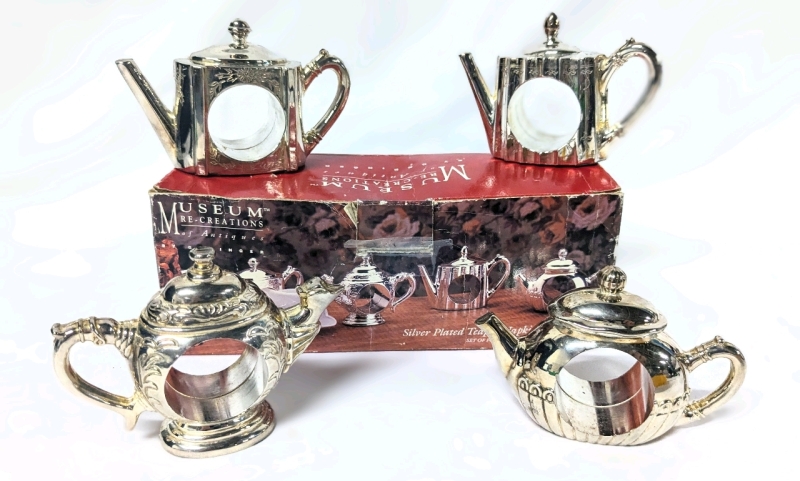 Set of 4 GODINGER Vintage Museum Re-Creations Silver-Plated Teapot Napkins Rings | 2.75" - 3.2" Tall