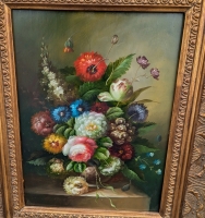 Vintage Framed Still Life Painting on Board. 27" x 22" with Frame.