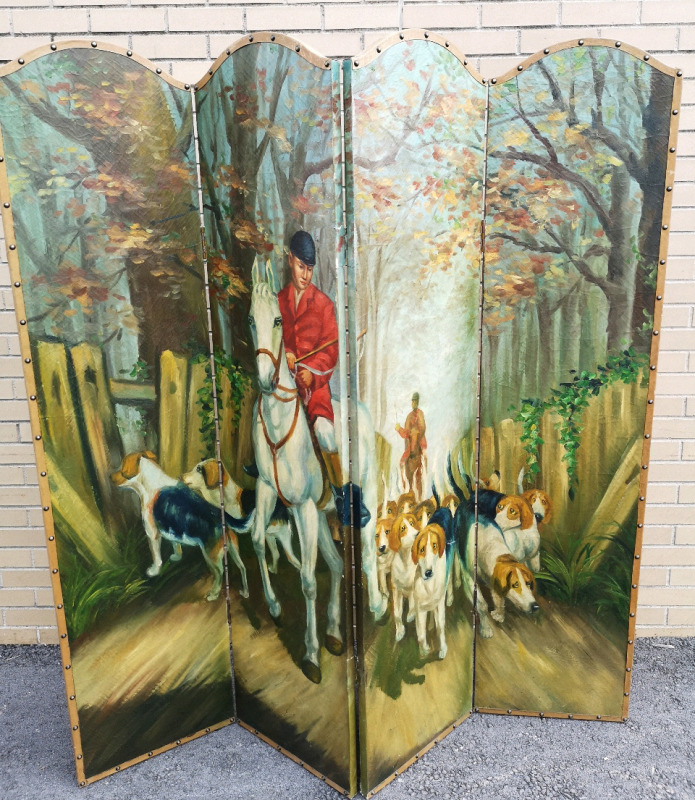 Vintage Hand-Painted Fox Hunt 4 Panel Room Divider. Each Panel is 67" by 16"