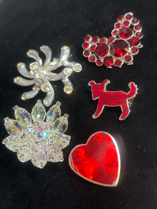 Vintage Brooches Red Rhinestones Dog & Hearts