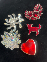 Vintage Brooches Red Rhinestones Dog & Hearts