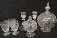 Vintage Crystal & Glass Candle Holders, Candy Dishes + Glasses
