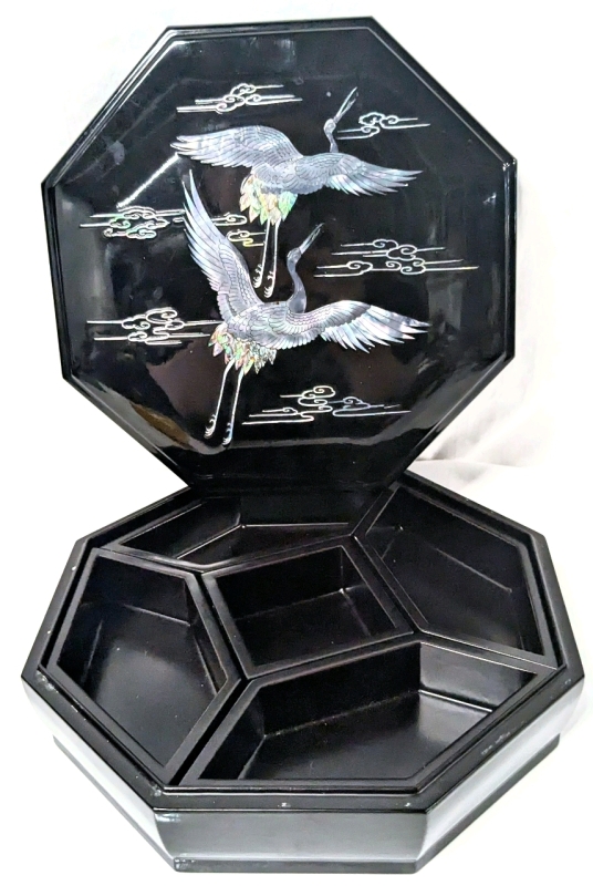 Absolutely GORGEOUS Vintage 7-Piece Octagonal Bento / Snack Box | Black Laquer Wood & Inlaid Iridescent Mother-of-Pearl Cranes | 9.5 x 9.5" x 2 75" Tall